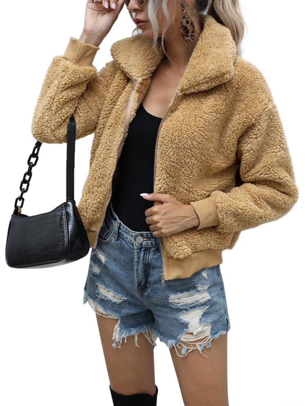 Women's Short Faux Fur Coat Casual Shaggy Jacket with Pockets Warm Winter Zip-Up